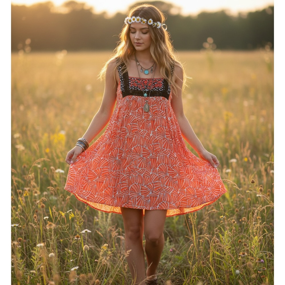 Hazel Mini Dress Orange Black Flowy Boho Fairy Grunge Festival Whismigoth Size S